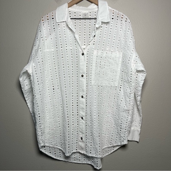 Calia Women Cover Up Top Large White Oversize Perforated Long Sleeve Beach Resor - Picture 3 of 11